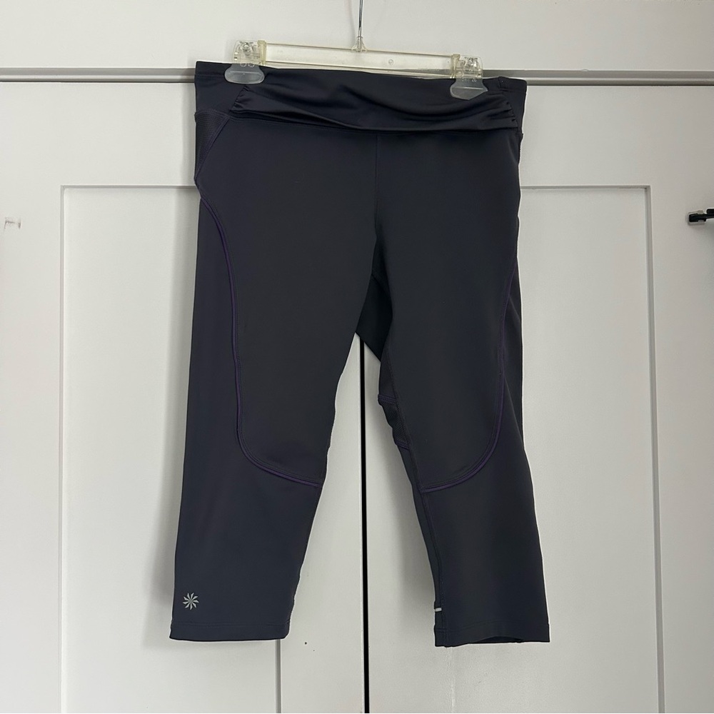 Athleta Capri Leggings, Grey with Purple Trim, Zipper Pocket, Size Medium